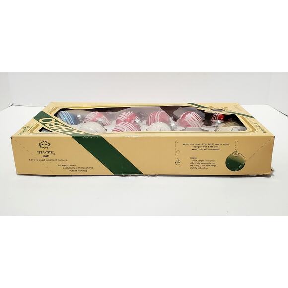 Vtg Pyramid Jumbo Glass Ornaments w/ White Glitter Stripes Boxed 17 ct Red Blue - Picture 8 of 10